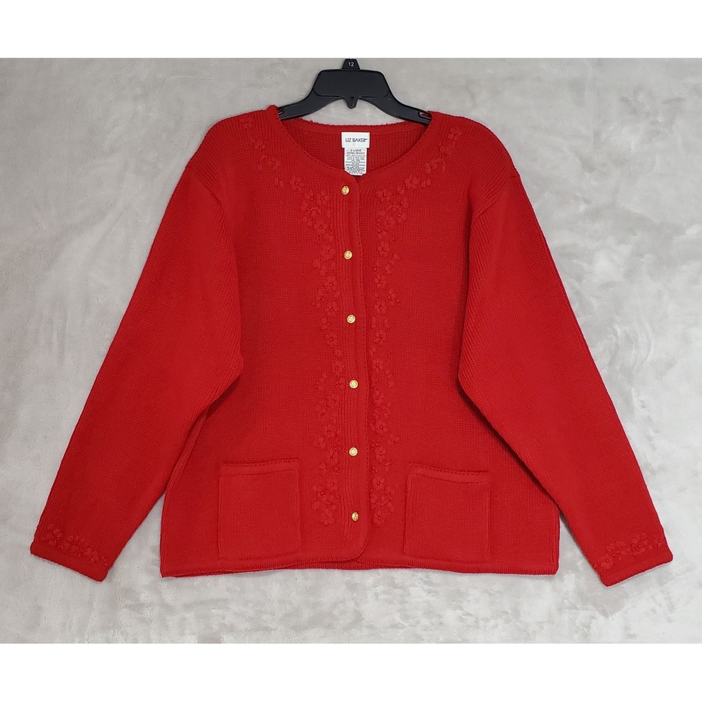 Vtg Liz Baker Sweater Womens XL Red Embroidered Cardigan Sweater Hong Kong EUC